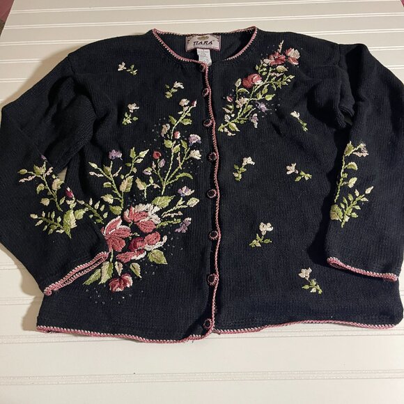 Vintage Tiara International Embroidered Cardigan Womens S Floral Black Cottage - Picture 2 of 12